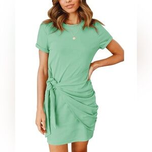 🌺MEROKEETY SHORT SLEEVE RUCHED BODYCON T-SHIRT DRESS-LIGHT GREEN